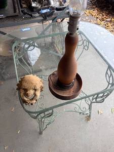 lot 59G image: Vintage Wooden Table Lamp and Stone Sculpture