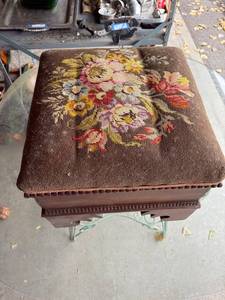 lot 92G image: Vintage Wooden Footstool with Floral Needlepoint Top