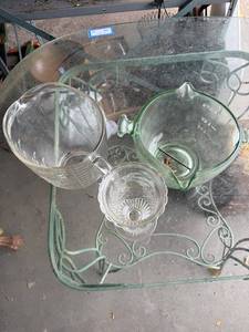 lot 96G image: Vintage EAPG Glass Measuring Pitcher Set, Briar Rose Glass, Green Glass Measuring Pitcher