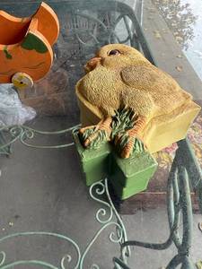 lot 102G image: Vintage Retro Hand Painted Tole Wooden Decorative Bowl, Chick Sculpture, and Wooden Pull Along Bunny Cart Toy