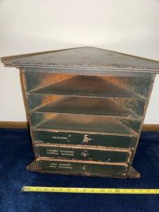 lot 102U image: Vintage Wooden Cabinet with Labeled Drawers for Grooming Tools