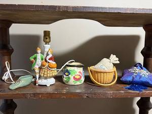 lot 116U image: Vintage Ceramic Lamp, Floral Jug, Basket, Shoe & Embroidered Cushion Lot