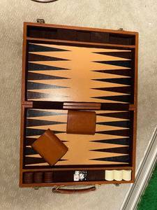 lot 126U image: Vintage Leather Backgammon Set with Dice and Chips