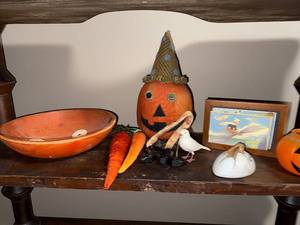 lot 129U image: Vintage Halloween Decor Lot with Fabric Pumpkin and Painted Bowl