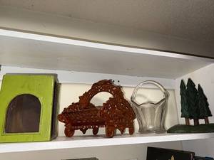 lot 130U image: Vintage Decorative Shelf Items Wooden Diorama, Glass Basket, Forest Scene