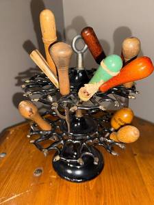 lot 136U image: Vintage Wooden Handled Tool Collection with Double Decker Rotating Stamp Holder