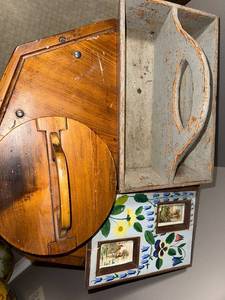 lot 139U image: Vintage Wooden Tray and Decorated Wooden Container Set