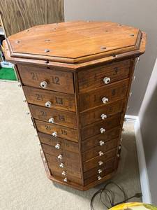 Antique octagonal hardware store screw and bolt rotating cabinet
