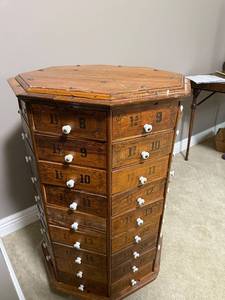 Antique octagonal hardware store screw and bolt rotating cabinet