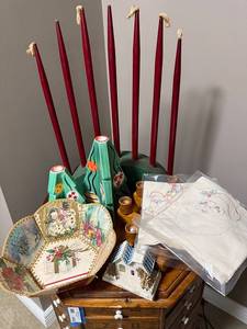 lot 144U image: Vintage Holiday Decor Lot Ceramic Trees, Candle Holders, and Embroidered Linens