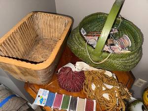 lot 149U image: Vintage Wooden Basket, Green Woven Basket & Craft Supplies