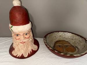 lot 171U image: Handcrafted Santa Head Sculpture & Santa Face Bowl Set