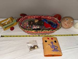 lot 179U image: Vintage Collectibles Lot Basket, Toys, and Bridge Set