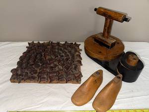 lot 194U image: Vintage Wooden Cobbler Shoe Molds, Textile Spool Block & Tool Set