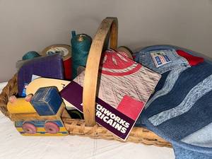 lot 198U image: Vintage Craft Lot with Wicker Basket, Wooden Toy Train, and Supplies