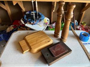lot 28G image: Wooden Pepper Mills, Picnic at Ascot Cutting Board, Weighted Block