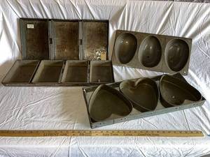 lot 69G image: Vintage Metal Baking Molds Lot - Heart, Egg, and Rectangular Shapes