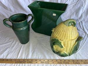 lot 73G image: Vintage Green Ceramic Vase, Square Vessel, and Corn-Shaped Pottery Jar