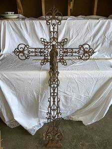 lot 74G image: Massive Antique Wrought Iron Cross with Religious Figure