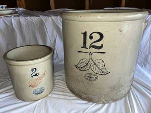 lot 75G image: Vintage Red Wing Union Stoneware 12-Gallon and 2-Gallon Crock Set
