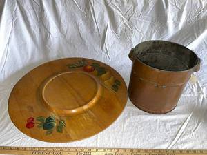 lot 80G image: Vintage Copper Bucket with Hand-Decorated Wooden Stand