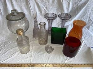 lot 82G image: Assorted Vintage Glassware Bottles, Vases & Jars Collection