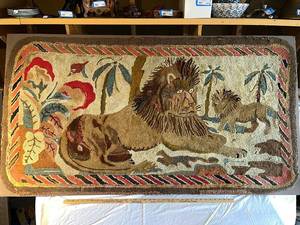 lot 83G image: Vintage Hooked Rug with Lion & Cub Design on frame