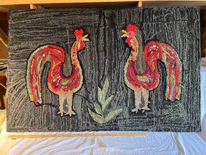 lot 84G image: Vintage Handmade Rooster Design Rug on Frame