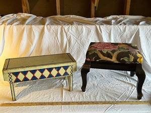 lot 87G image: Vintage Decorative Wooden and Floral Cushioned Stools Pair