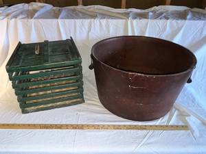 lot 90G image: Vintage Copper Color Bucket & Green Wooden Egg Crate