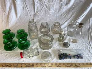 lot 127G image: Vintage Glass Collection Jars, Bottles, and Green Glass Pieces