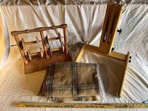 lot 133G image: Vintage Wooden Thread Holder, Loom Stand & Plaid Wool Blanket Set