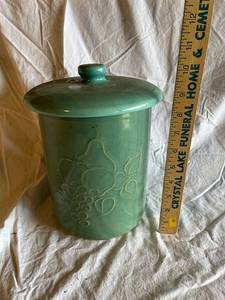 lot 139G image: Vintage Green Ceramic Lidded Jar with Floral Design