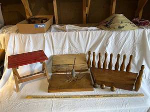 lot 145G image: Vintage Wooden Stool, Bowling Pins, Balls & Metal Hook Collection