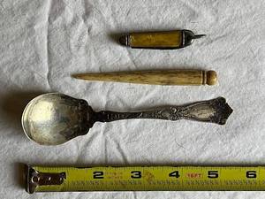 lot 203U image: Vintage Sterling Silver Spoon, Bone Letter Opener, Folding Knife Set