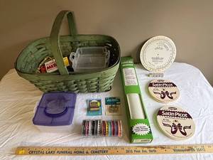 lot 204U image: Craft Supply Lot Basket, Ribbons, Thread, Buckles & More
