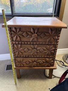 lot 212U image: Handcrafted Wooden Chest of Drawers with Intricate Tramp Art Carving