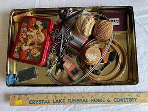 lot 222U image: Vintage Craft and Sewing Lot with Tins and Decorative Items