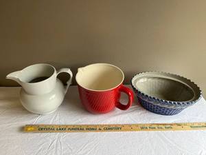 lot 223U image: Ceramic Pitcher, Red Jug, and Blue Patterned Bowl Set