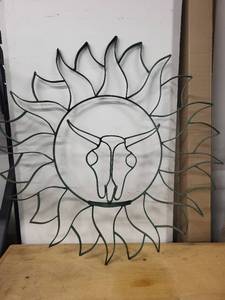 Large Metal Sun with Bull Skull Wall Art Decor