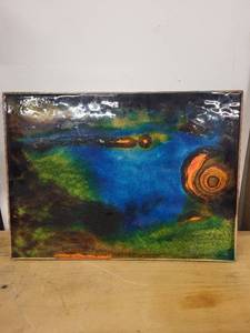 lot 4G image: Abstract Enamel Art Panel with Wooden Backing