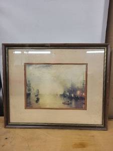 lot 14G image: Framed Maritime Artwork Print with Ships at Sunset
