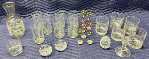 lot 27T image: Assorted Vintage Glassware and Decorative Metal Flower Holders