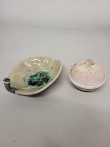 lot 2H image: Handmade Signed Pottery Lot Featuring Trinket Box and Leaf-Shaped Dish