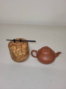 lot 12H image: Yixing Clay Teapot and Signed Burl Wood Jar Set