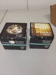 lot 29H image: Orrefors Sweden Nimbus Tealight Holder and Heart-Shaped Crystal Dish Set