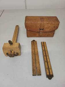 lot 30H image: Vintage Stanley Folding Ruler, Marking Gauge, and Leather Case Set