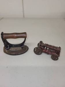 lot 31H image: Vintage Cast Iron Sad Iron and Cast Iron Toy Tractor