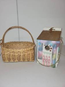 lot 34H image: Handmade Woven Basket and Signed Decorative Wooden Birdhouse