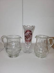 lot 36H image: Set of 3 Cut Glass Pitchers and Vase with Bird Motif